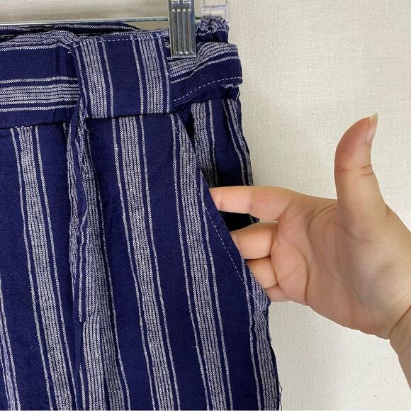 Indigo Rein Pants Women’s Blue White Linen Stripe Crop Wide Leg Boho Belted S - Picture 6 of 12
